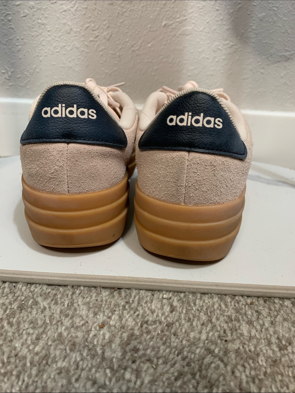 adidas Women’s Light Pink Suede Sneakers with Navy Stripes and Gum Sole - Picture 3 of 6